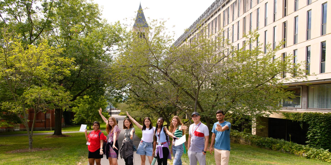 Students posing during campus scavenger hunt 