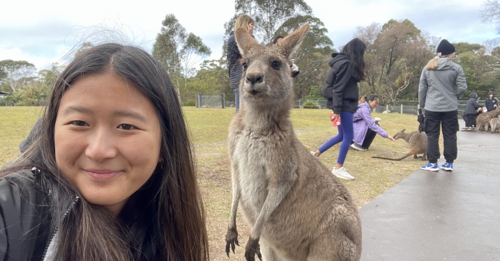 Allison Lee posing with kangaroo in Sydney