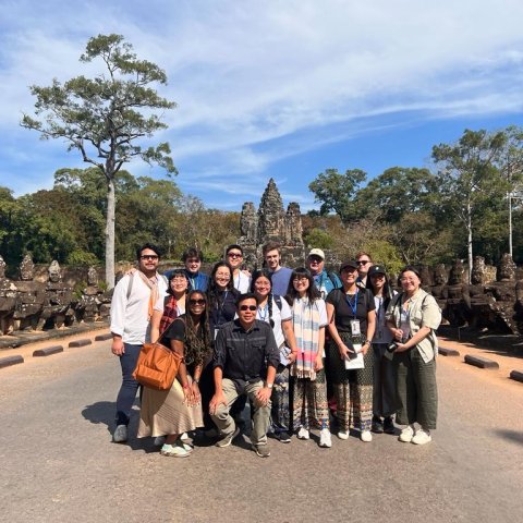 Cambodia winter program students with archaeology expert Ea Darith at the southern entrance to Angkor