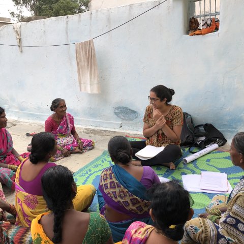 Women in India participating in a focus group with Fulbright fellow Preethi Ravi