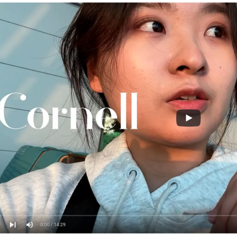 Ruby Yoonseo in the airport. Text reads: "Cornell Move-In Vlog"