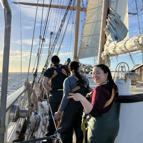 Patricia Diaz Bian '26 on a boat off the coast of New Zealand.